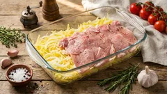 Bravčové karé na strúhaných zemiakoch: obed z jedného pekáča so syrovo-smotanovou kôrkou